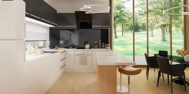 готовый проект дома Z386 v1 – дизайн интерьера, Проект одноэтажного современного барнхауса