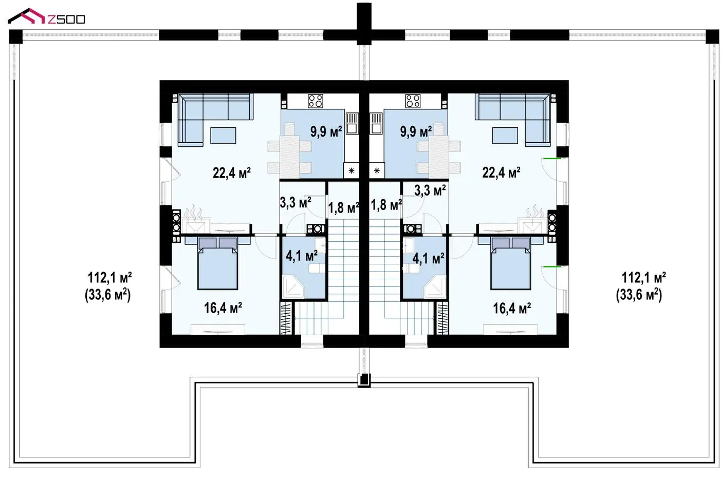 Проект Zb16 Современный проект домов-близнецов с большим гаражом и террасой  на втором этаже. - Z500 - Проекты домов и гаражей